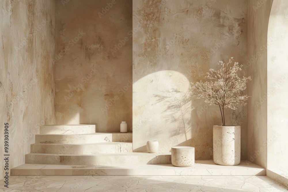 View of Minimalist interior design with natural tones and textures, featuring a ...