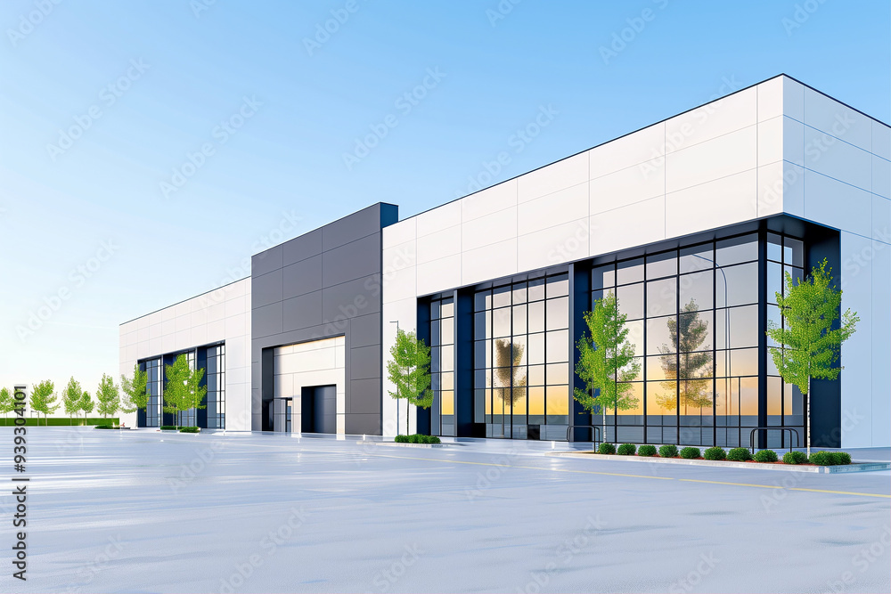 Modern commercial building with sleek architecture and large glass windows. This contemporary structure showcases innovative design and urban landscaping Modern commercial building with sleek architecture and large glass windows. This contemporary structure showcases innovative design and urban landscaping