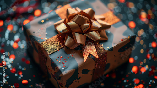 close up gift box with ribbon with glitter, birthday gift with camo wrapping paper