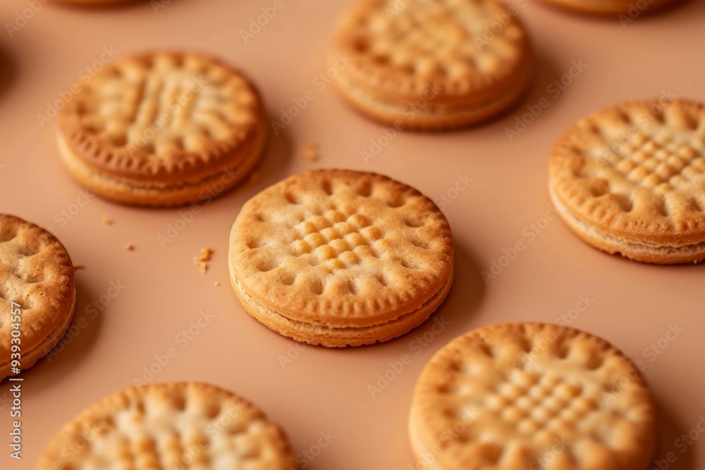 Round crispy biscuits lying on beige background with filling, delicious sweet cookies for tea or coffee break, top view, close up Round crispy biscuits lying on beige background with filling, delicious sweet cookies for tea or coffee break, top view, close up