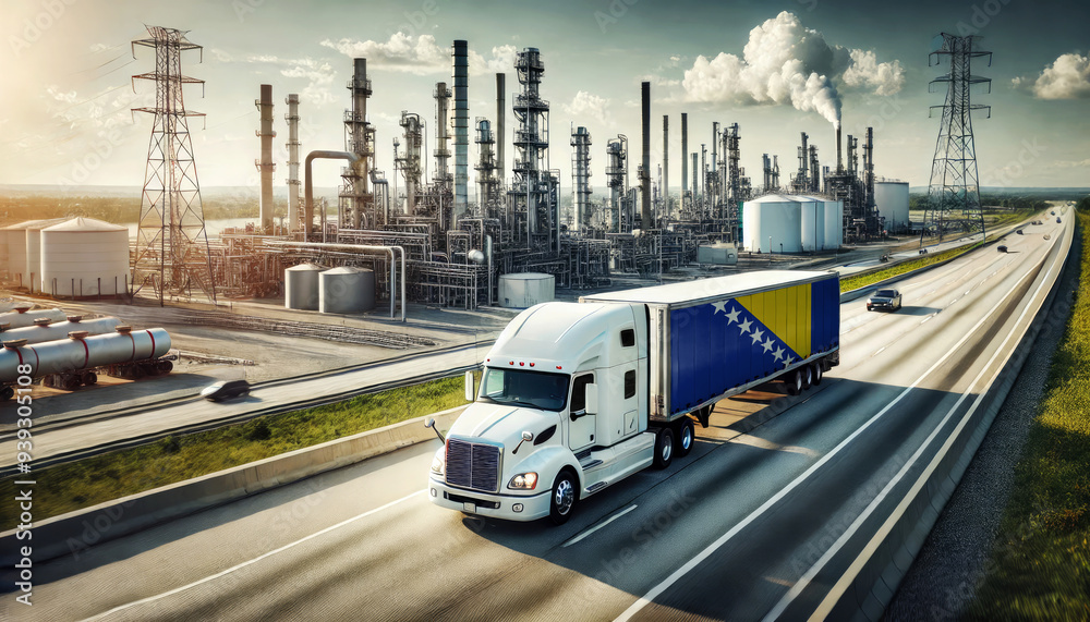 Naklejka premium A freight truck, displaying the Bosnia and Herzegovina flag, travels along a highway beside a sprawling refinery, representing the connection between transportation and the energy sector
