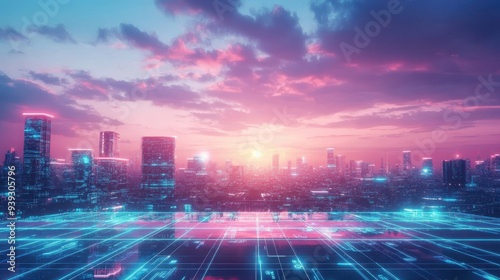 A vibrant digital cityscape at sunset, blending technology and nature.