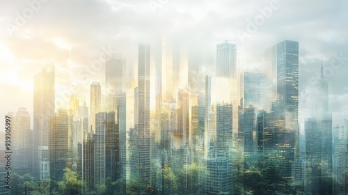 A breathtaking view of a modern city skyline bathed in soft golden sunlight, with skyscrapers towering and blending with the mist.