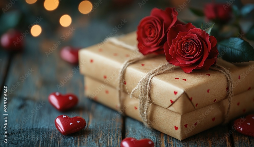 Two red roses adorned with green leaves lie on top of two beautifully wrapped gifts tied.