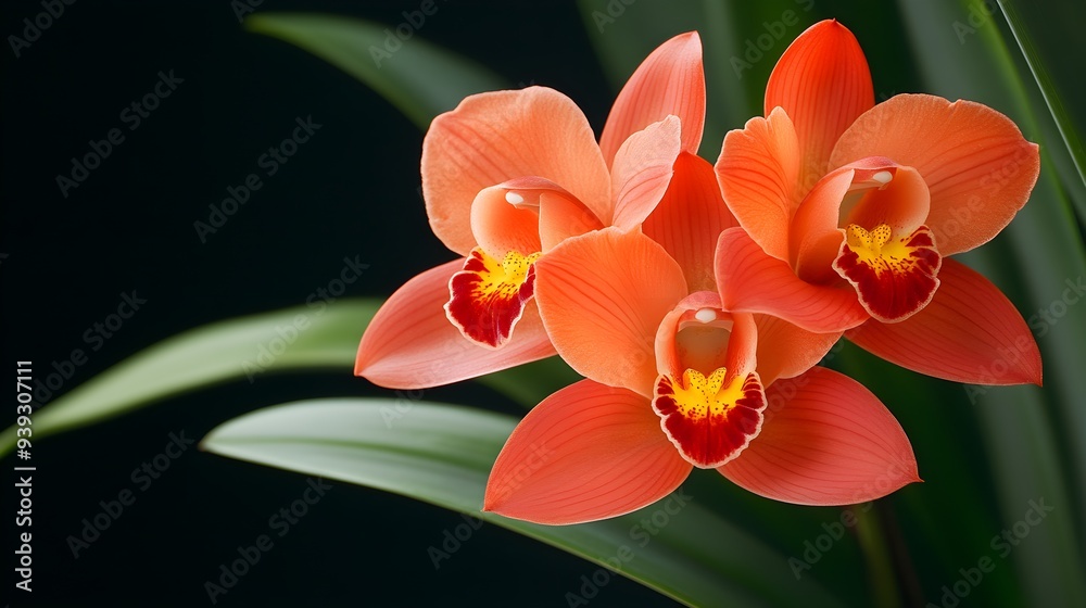 Fototapeta premium Exotic orchids, close-up view, rich tropical background, vibrant petals, detailed textures