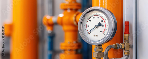 A closeup of the pressure gauge attached to the fire pipe inside