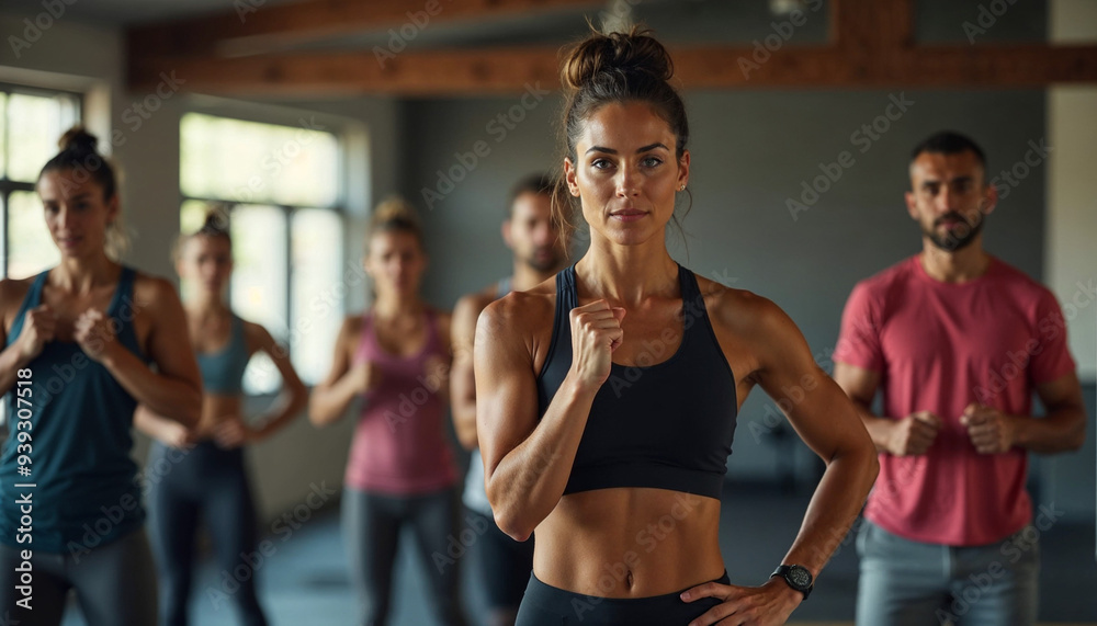 A portrait of a beautiful and attractive fitness instructor, with others training in the background. A portrait of a beautiful and attractive fitness instructor, with others training in the background.