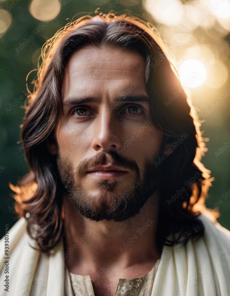 Portrait of a Man Dressed as Jesus. White robe. Long brown hair and beard. Man appears to be in his early 30s, and he has a serious expression on his face. Christian religion and faith. AI Portrait of a Man Dressed as Jesus. White robe. Long brown hair and beard. Man appears to be in his early 30s, and he has a serious expression on his face. Christian religion and faith. AI