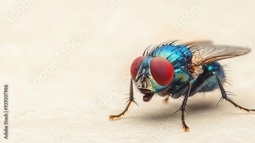 Extreme closeup of a Blue Bottle Fly s head, showcasing its large red compound eyes, short antennae, and iridescent blue body, set against a softly blurred background photo