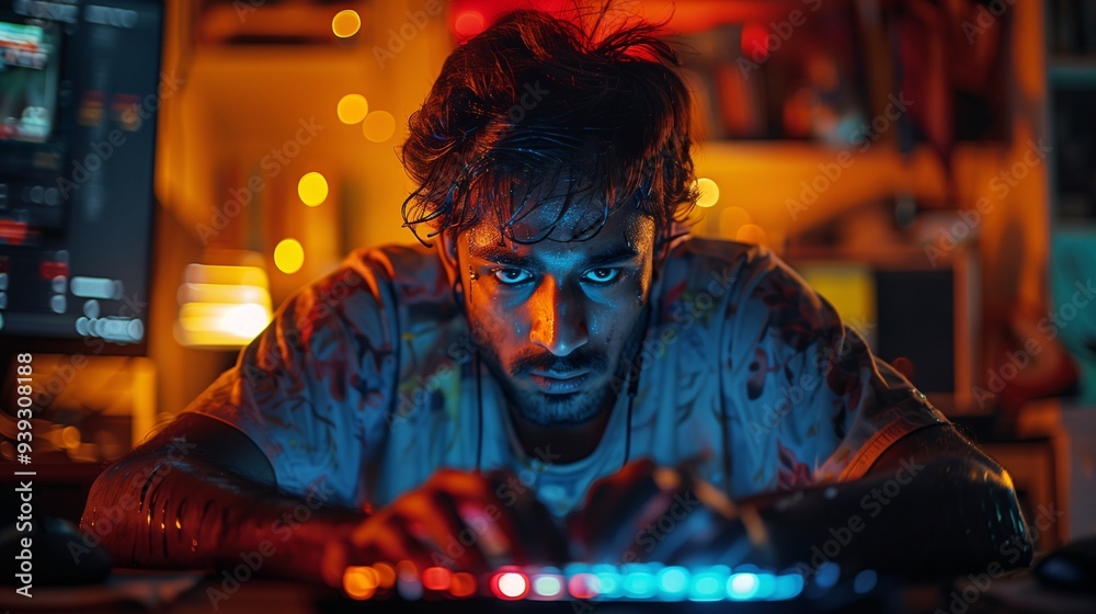 A focused young man intensely gaming at a computer, illuminated by colorful LED lights. The room is dimly lit, creating a vibrant atmosphere with a creative workspace in the background. A focused young man intensely gaming at a computer, illuminated by colorful LED lights. The room is dimly lit, creating a vibrant atmosphere with a creative workspace in the background.