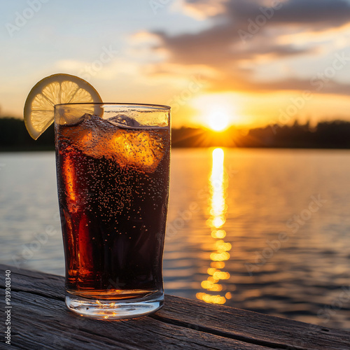 glass of cold cola at sunset