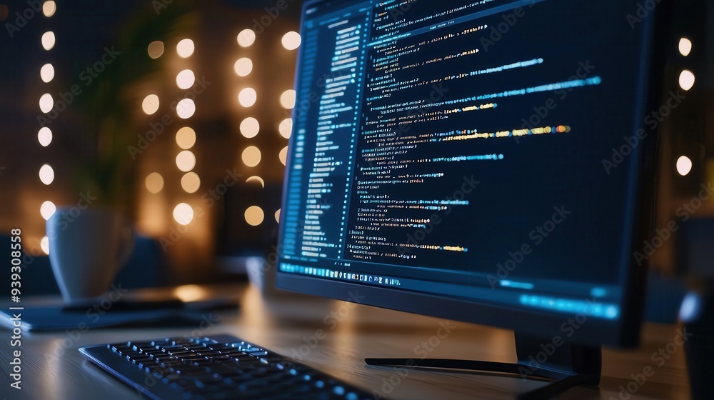 Poster Front-End Development A computer screen showing lines of HTML ...