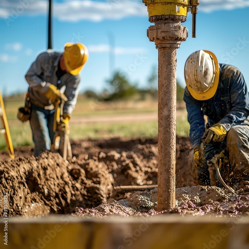 Groundwater Well Installation Engineers installing a groundwater well in a rural area with drilling equipment in the background.