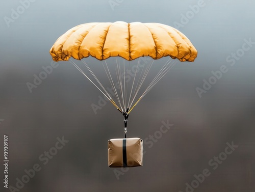 Package Drop via Drone A drone dropping a package attached to a parachute ensuring safe delivery to a remote location. photo