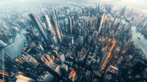 A stunning aerial view of a modern cityscape with numerous skyscrapers under a cloudy sky, showcasing urban density and architectural marvels.