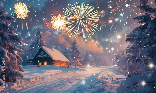 Enchanting snowy fireworks illuminate a winter wonderland night at a cozy cabin