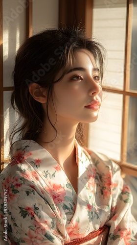 A young woman in a delicate floral kimono, bathed in the warm glow of the setting sun, gazes thoughtfully out a window. Her serene expression and the soft lighting create a sense o photo