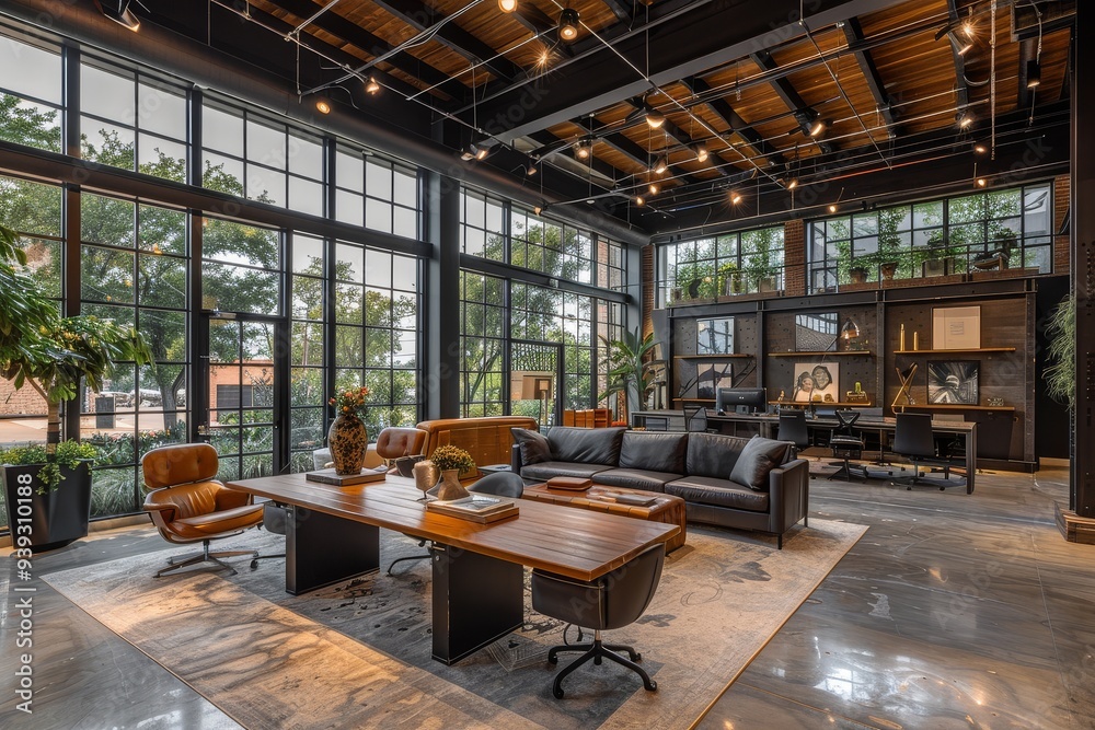 Modern office with high ceilings, black metal walls, glass windows, wooden desks, leather seating, grey sofa area, concrete flooring, plants, ambient lighting, and stylish furniture. Modern office with high ceilings, black metal walls, glass windows, wooden desks, leather seating, grey sofa area, concrete flooring, plants, ambient lighting, and stylish furniture.