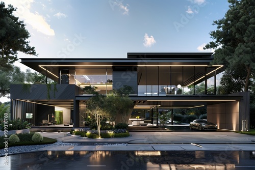 Luxury modern home with expansive glass walls, ample greenery, and a sleek exterior seamlessly blending with the surrounding landscape.