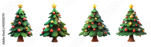 Set of 3D Cartoon Christmas Tree on Transparent Background for Holiday Designs