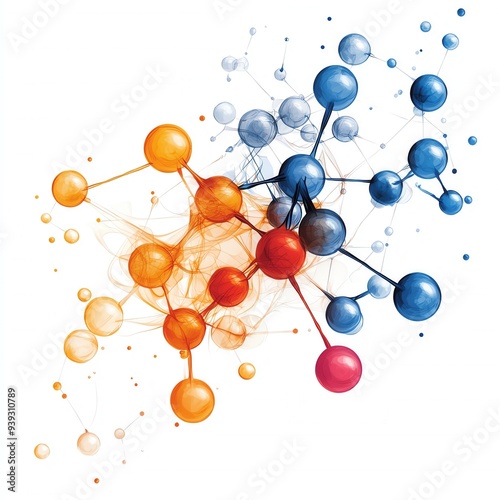 Chemical Change Illustration A molecular diagram showing a chemical change with atoms rearranging and energy being released. photo