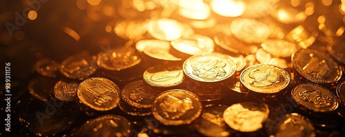 A close-up view of shiny gold coins reflecting warm light, symbolizing wealth, riches, and financial prosperity.