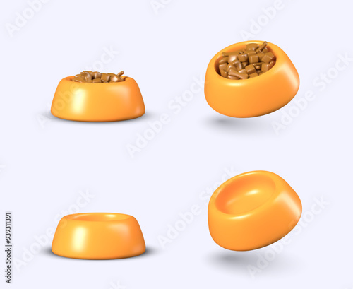 Empty bowl and plate with food. Set of vector realistic models in different positions
