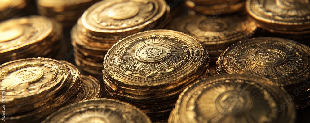 A close-up view of shining gold coins stacked together, reflecting light and showcasing intricate designs, ideal for financial themes. A close-up view of shining gold coins stacked together, reflecting light and showcasing intricate designs, ideal for financial themes.