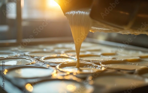 Wallpaper Mural Close-Up of a Machine Pouring Batter into Molds, Food Industry Torontodigital.ca