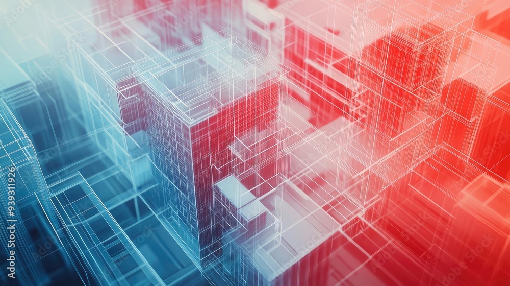 Obraz premium Abstract 3D illustration of transparent geometric shapes in red and blue tones, depicting futuristic urban architecture.