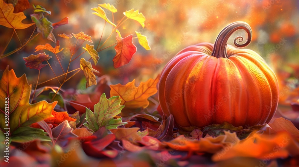 Vibrant Autumn Pumpkin Amidst Colorful Fall Leaves Vibrant Autumn Pumpkin Amidst Colorful Fall Leaves