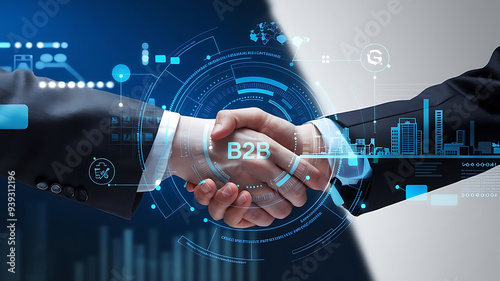 Digital Illustration of Hands Shaking with Business Icons and 