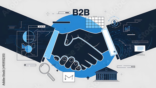 Digital Illustration of Hands Shaking with Business Icons and 
