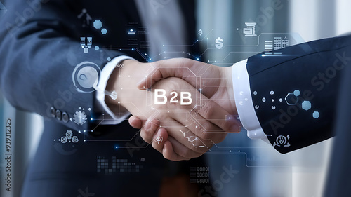 Digital Illustration of Hands Shaking with Business Icons and 