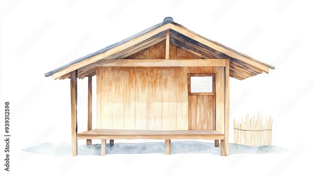 Traditional wooden bathhouse, serene and peaceful, isolated on white, Watercolor style Traditional wooden bathhouse, serene and peaceful, isolated on white, Watercolor style