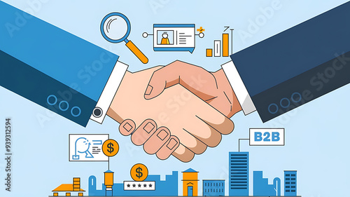 Digital Illustration of Hands Shaking with Business Icons and 