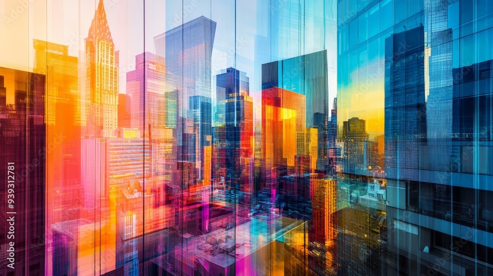 Abstract cityscape with colorful geometric overlays, blending urban architecture and vibrant hues in a modern artistic style. Abstract cityscape with colorful geometric overlays, blending urban architecture and vibrant hues in a modern artistic style.