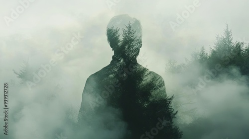 A surreal silhouette blended with misty trees, representing nature's connection with the human spirit.