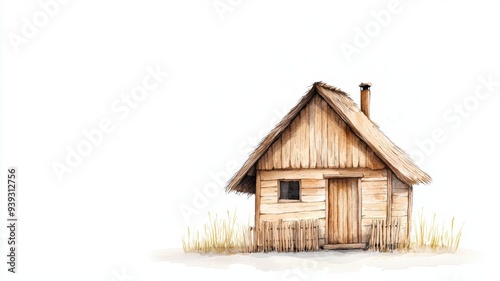 Small wooden house with a thatched roof, delicate details, isolated on white, Watercolor style