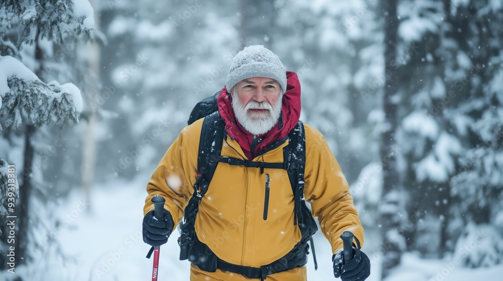 Adventurous Senior Hiker in Snowy Forest Adventurous Senior Hiker in Snowy Forest