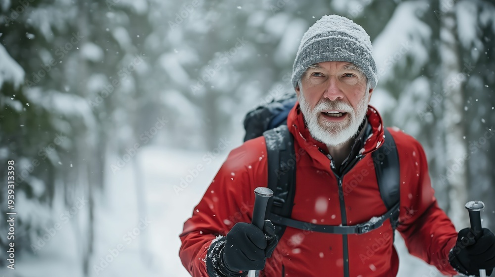 Fototapeta premium Adventurous Senior Hiker in Snowy Forest