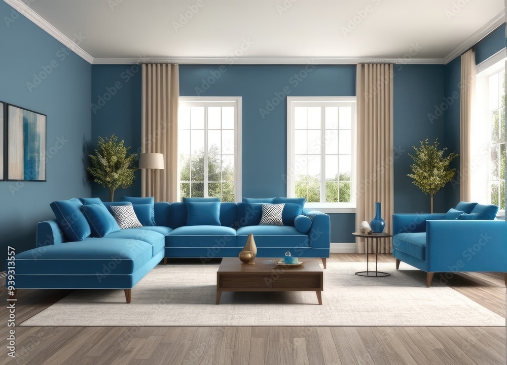 Interior of living room with blue sofa 3d rendering Interior of living room with blue sofa 3d rendering