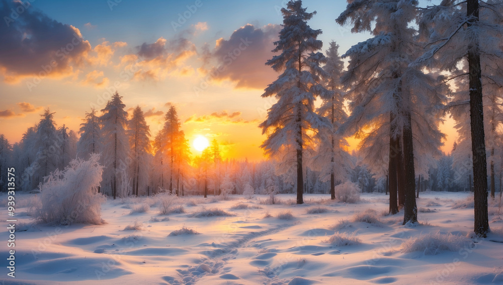 Sunset in the woods during winter creating a peaceful scene Sunset in the woods during winter creating a peaceful scene