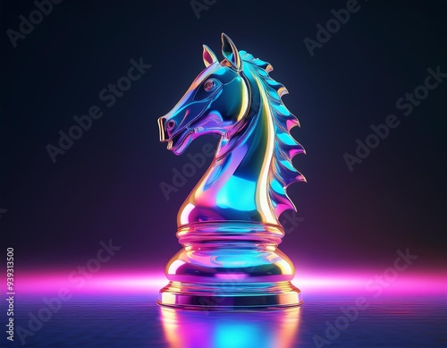 Chrome knight chess piece sits on a colorful stage