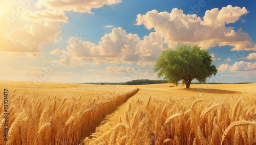 Golden wheat field under a sunny sky symbolizing abundance photo