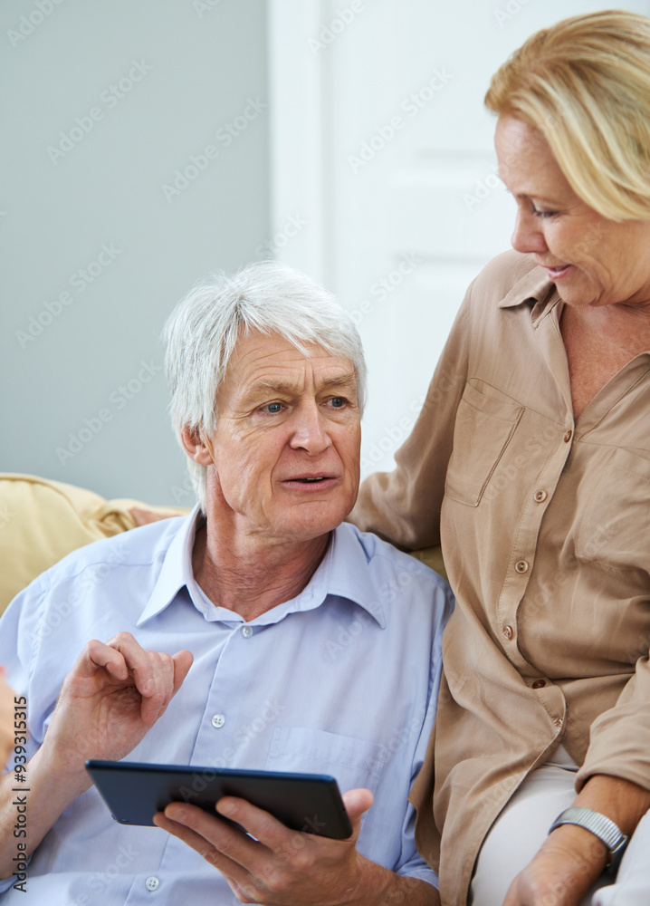 House, tablet or old couple with conversation, internet or retirement with planning, search for info or love. Apartment, senior man or mature woman with tech, network or digital app for communication House, tablet or old couple with conversation, internet or retirement with planning, search for info or love. Apartment, senior man or mature woman with tech, network or digital app for communication