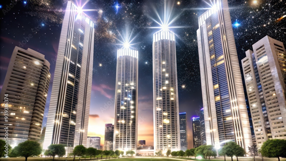 Fototapeta premium Illuminated Skyscrapers against a Starry Night Sky