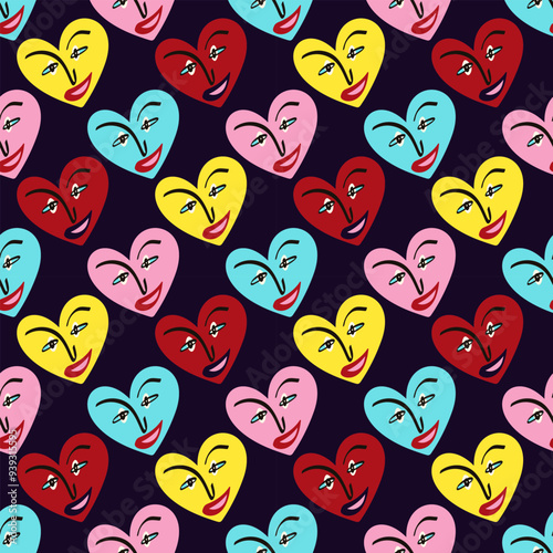 Valentines Day pattern with ugly funky hearts. Groovy cute love characters. Vector illustration in doodle style