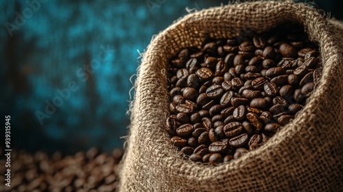 Coffee beans on sack photo