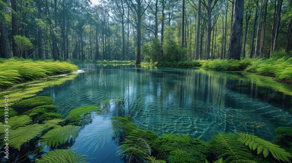 A serene forest pond surrounded by lush greenery. A serene forest pond surrounded by lush greenery.